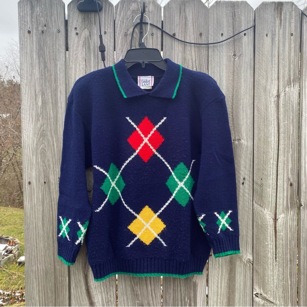 Vintage Cricket Lane‎ Argyle Polo Sweater Navy Blue Knit Made in USA Womens M